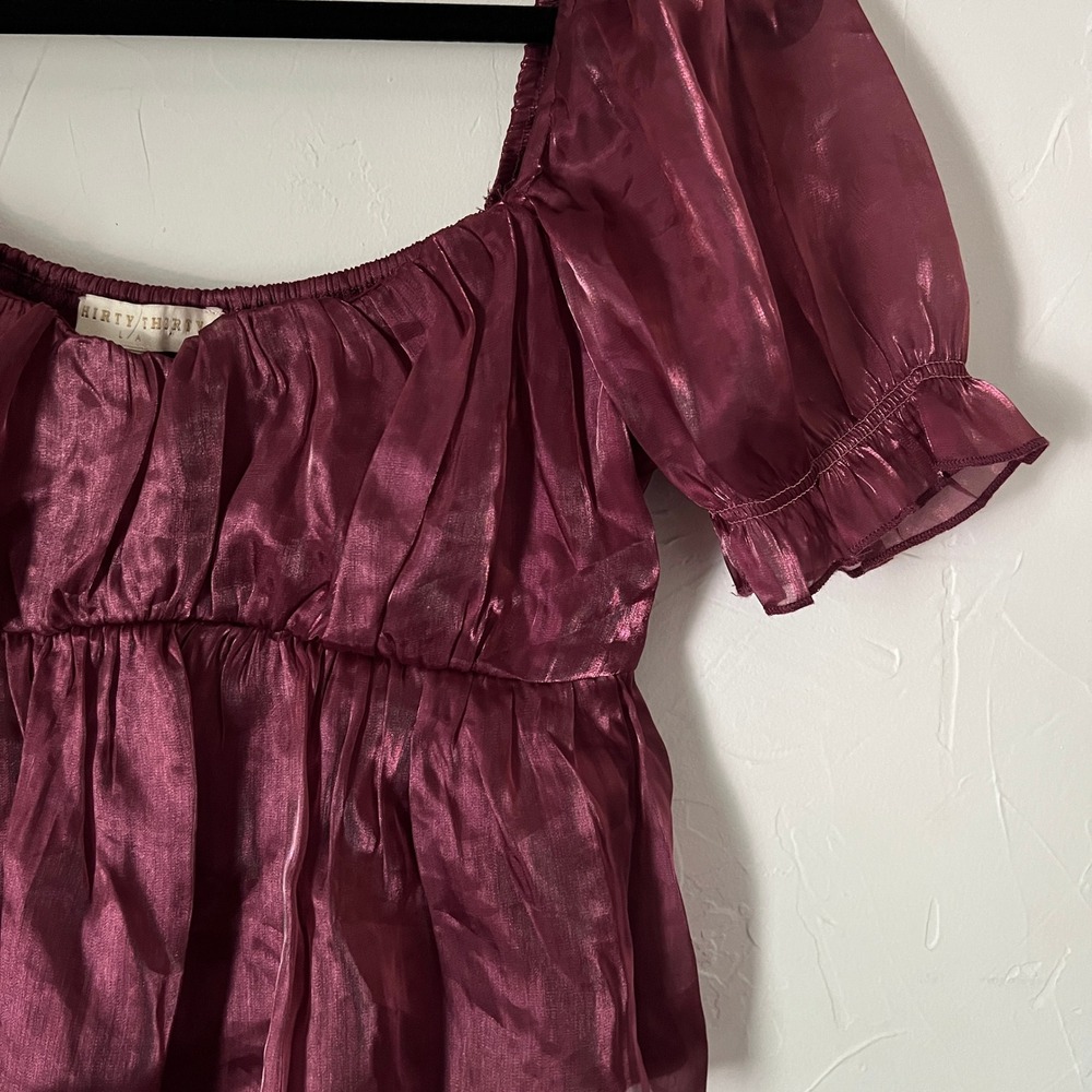Thirty Thirty Metallic Organza Babydoll Top Puff Sleeve Burgundy Size Small - Picture 7 of 10